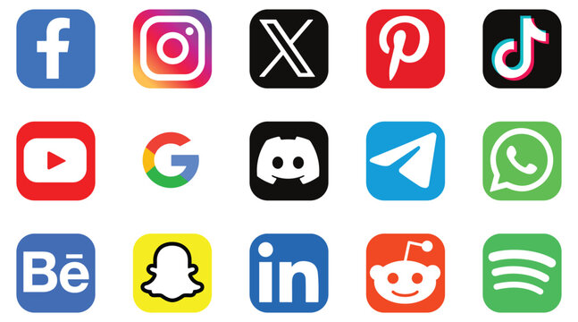 Social Media Icons Pack. Multiple Platform Logos Instagram, Facebook, YouTube, Pinterest, TikTok, WhatsApp, Snapchat, LinkedIn and More. editable stoke 