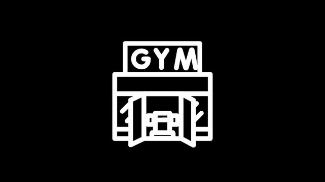 Simple line art icon of a gym building with open doors and equipment visible inside