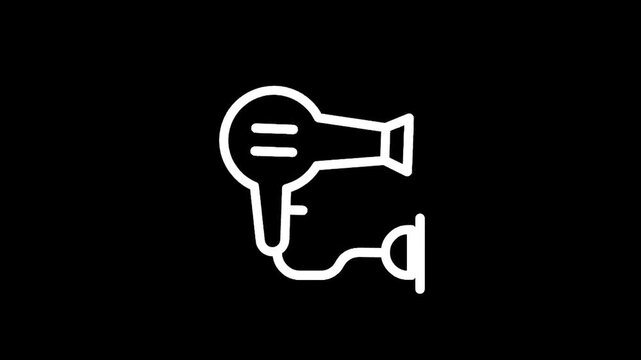 Simple white line icon of a hairdryer plugged into an electrical outlet on a black background