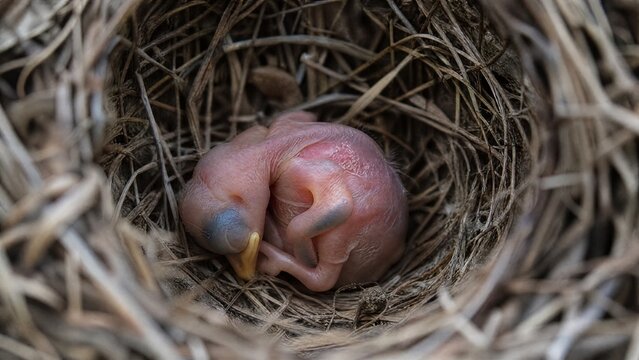 A featherless newborn hatchling curled in an empty nest, soft natural light.