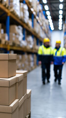 Fototapeta premium Warehouse workers in safety vests walking through aisles with stacked boxes, representing logistics, inventory management, and supply chain operations.