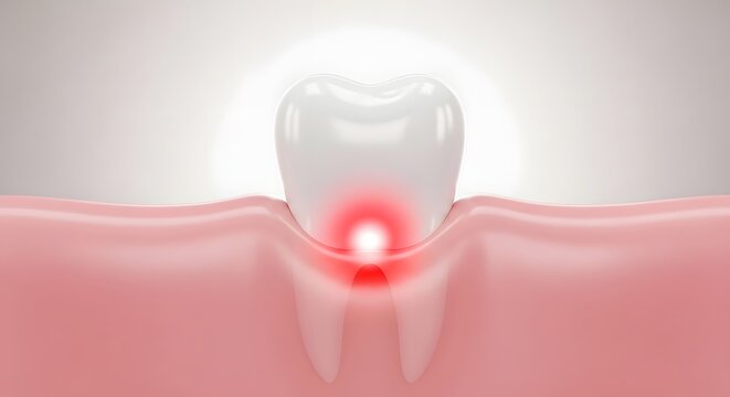 Isolated healthy tooth developing a painful red glowing root infection. Receding gums and severe dental sensitivity. Graphic representation radiating intense ache from the lower dentin.