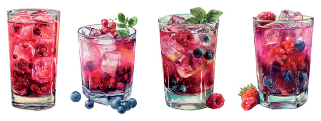 Four watercolor glasses filled with refreshing berry drinks, ice, and various fresh fruits like blueberries, raspberries, redcurrants, and strawberries, perfect for summer hydration © Mari