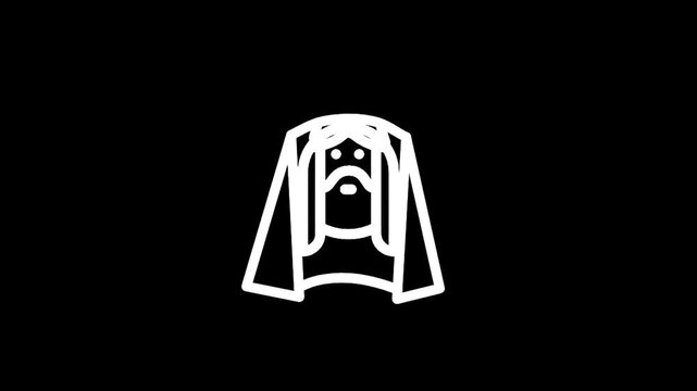 Minimalist line art icon of Jesus Christ's face with a beard and veil on black background