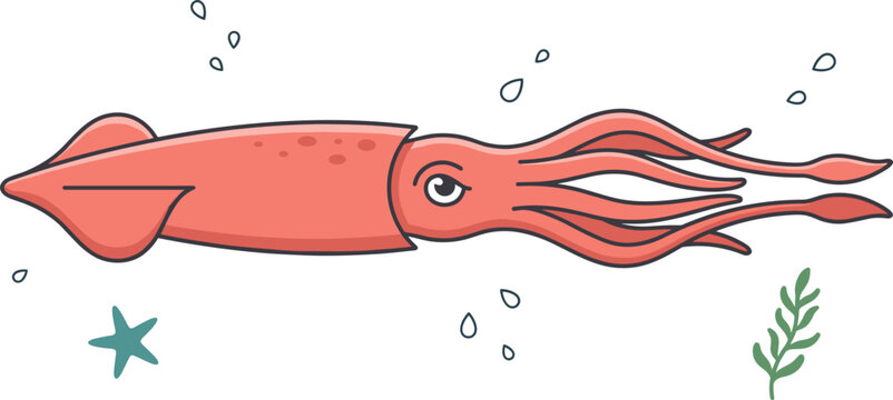 Red giant squid swimming underwater cartoon character vector illustration featuring detailed long tentacles, sea water bubbles, green seaweed, and a small starfish.