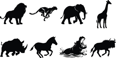 Set of black vector silhouettes of African safari animals including lion elephant giraffe cheetah rhino hippo and wildebeest isolated on white background © Saminur