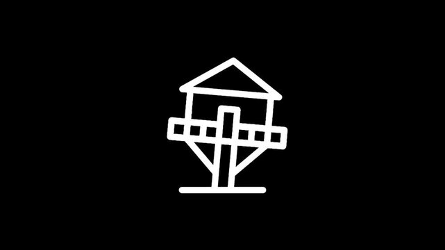 Simple white line drawing of a treehouse on a black background