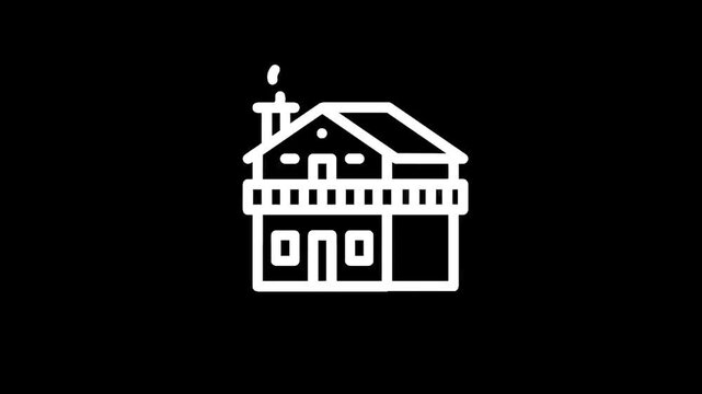 Stylized white outline of a two-story house with a chimney and balcony on a black background
