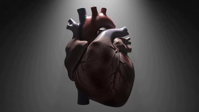 A detailed illustration of a human heart displayed on a dark background