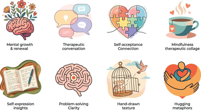 Flat vector illustration set of mental health icons including blooming brain talking bubbles puzzle heart tea cup journal labyrinth bird cage and self hug isolated on white background