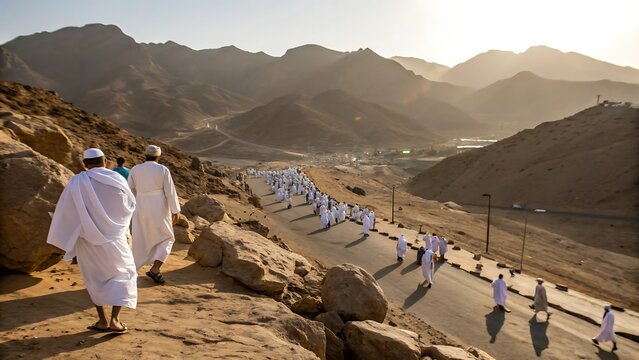 Pilgrims walking between Safa and Marwah hills during Hajj