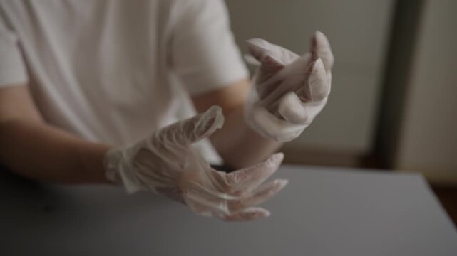 Medical professional putting on white sterile surgical gloves, closeup shot concept of preparation for examination, procedure and adherence to hygiene protocols. Shooting in slow motion