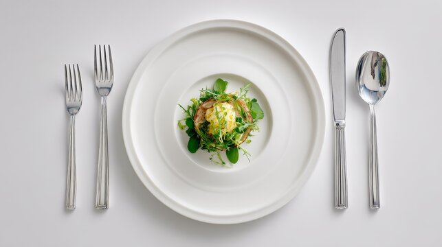 84.Clean overhead food photograph featuring a prepared dish centered on a plate, neatly arranged silverware place setting, professional studio side lighting, minimal and elegant composition
