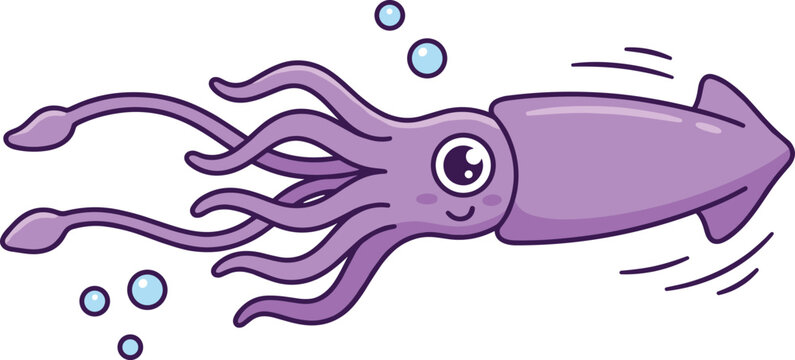 Cute purple squid swimming underwater cartoon character vector illustration featuring a happy smiling marine animal with long tentacles and sea water bubbles.