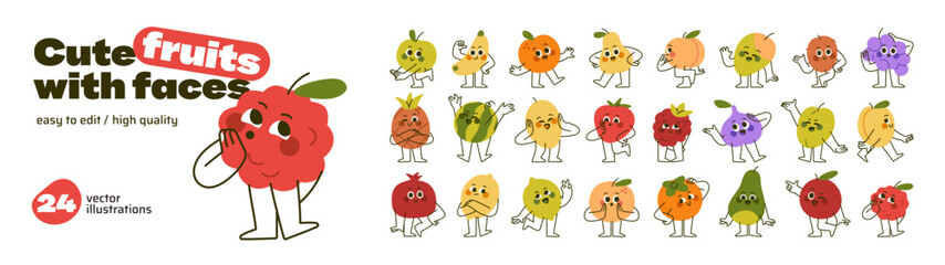 Doodle set of cute fruits with happy faces. Funny characters of apple, berries, watermelon, kiwi with positive emotions and smiles are greeting. Flat isolated vector illustration on white background © Paper Trident