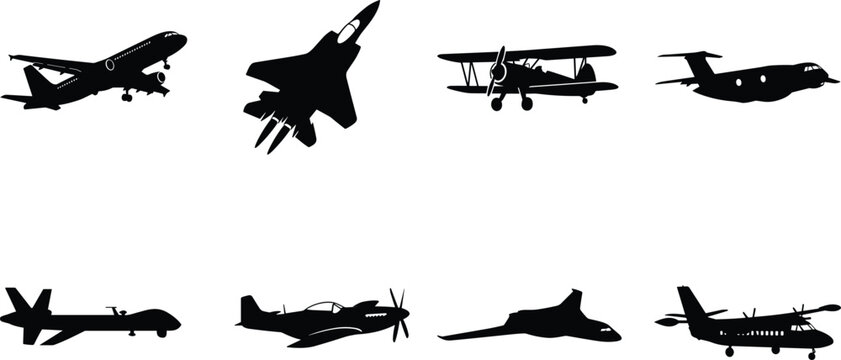 Black vector silhouettes of various aircraft including commercial airliners military fighter jets vintage propeller planes and modern drones on a white background
