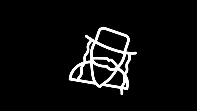 Minimalist white line art icon of a man with a beard and hat on a black background
