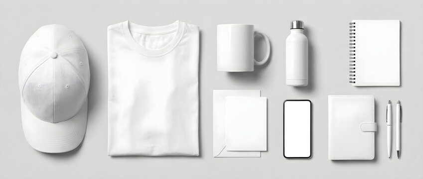 Blank Promotional Merchandise Mockup Flat Lay with White Branding Products