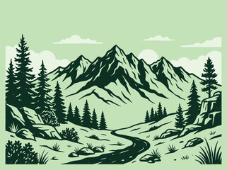 Fototapeta premium Serene mountain landscape with winding road and evergreen trees