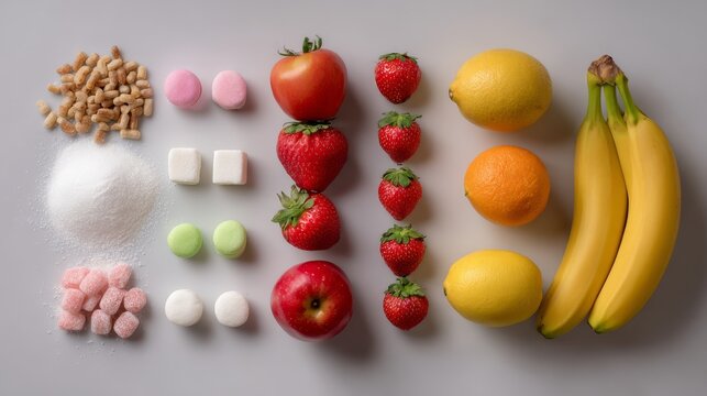 67.Minimal studio shot showing fresh nutritious foods opposite sugary snacks, bright neutral background, health choice and lifestyle contrast concept