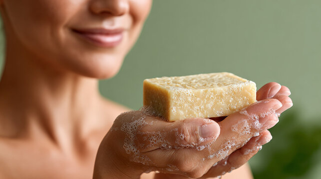 Woman holding soap bar lathering hands against green background