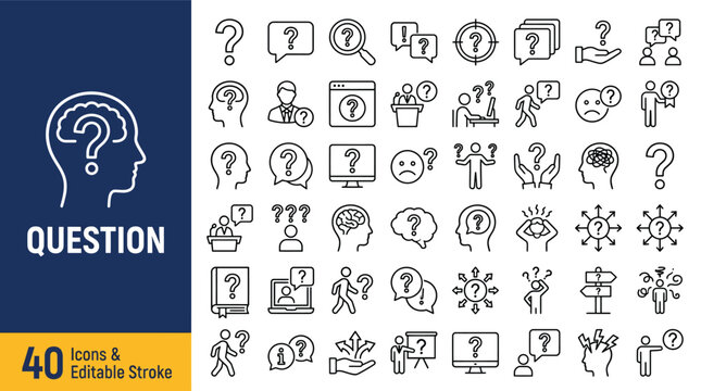 Question web icons in line style. Question mark, insecure person, confused, quiz question, collection. Editable stroke. Vector illustration.