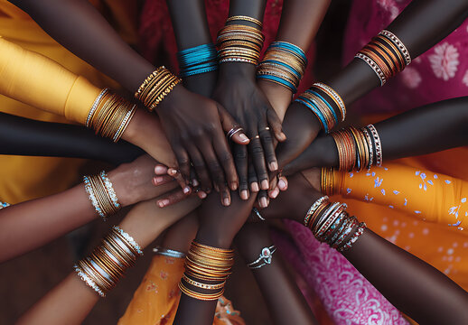 Diverse group of women joining hands together wearing colorful traditional bangles representing unity diversity and cultural heritage celebration