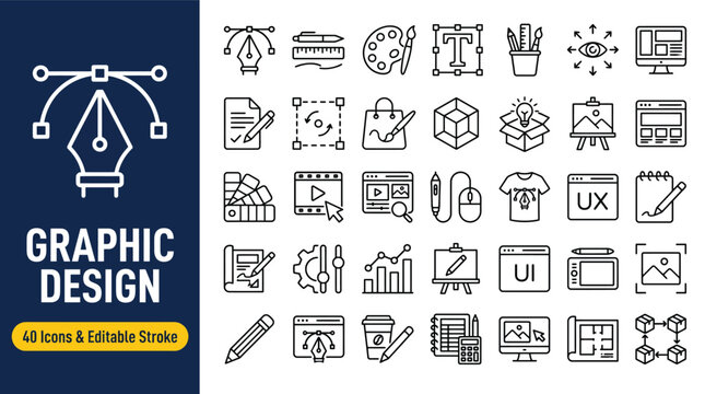 Graphic design web icons in line style. Icons for graphic designer, creative package, stationary, software, creativity, tools, drawing, collection. Vector illustration.