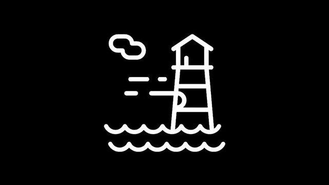Minimalist lighthouse icon standing tall in the ocean waves under a cloudy sky