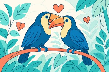 Fototapeta premium Two colorful toucans cuddling on a branch surrounded by jungle plants and red hearts on a light background, symbolizing love and affection. Ai generative