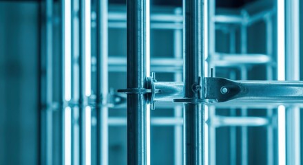 Obraz premium Close-up of Industrial Metal Scaffolding Structure with Abstract Geometric Patterns in a Construction Site