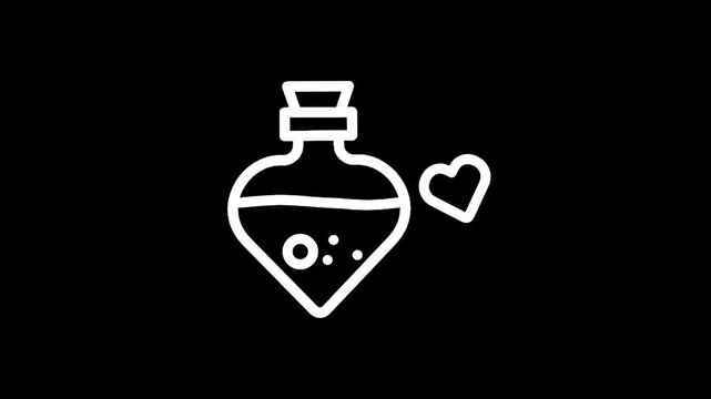 Heart shaped potion bottle with a small heart icon, white outline on black background