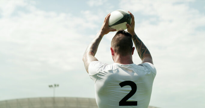 Ball, rugby and throwing with man outdoor for competition, game or match as sport player. Fitness, line out and space with person at event or venue for action, restart or tournament as hooker
