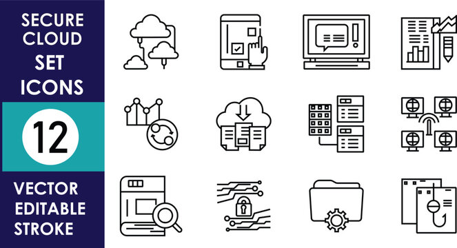 Collection of cloud security vector icons featuring encryption, monitoring, access control, firewall, network protection, secure storage, authentication, and cybersecurity management concepts