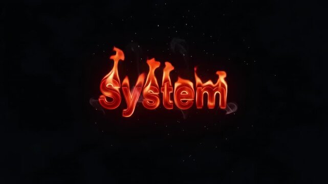 System text typography burning in intense bright orange flames with rising smoke and scattering glowing embers in a dark background setting creating a high energy digital animation motion footage effe
