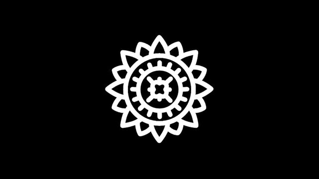 Stylized white sun icon with geometric patterns on a black background