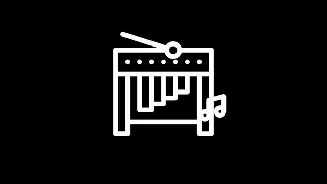 Simple white xylophone icon with a mallet and musical notes on a black background
