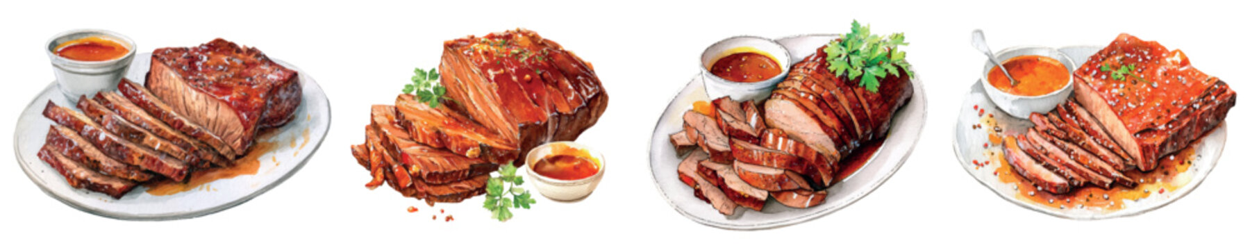 Beef brisket and roast meat watercolor illustrations showing tender sliced barbecue on white plates with dipping sauce and fresh herbs, ideal for menus, recipes, and food design