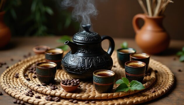 Black coffee pot with steaming brew sits on woven mat surrounded by cups. Whole beans are scattered near small bowls. Clay jug in background.