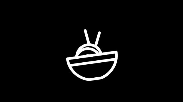 Simple line art icon of a bowl of noodles with chopsticks on a black background