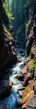 A narrow stream babbles through a rocky gorge in the forest, landscape, gorge