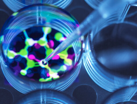 Conceptual image to illustrate biotechnology, Scientist pipetting chemical formula into multi well plate during an experiment