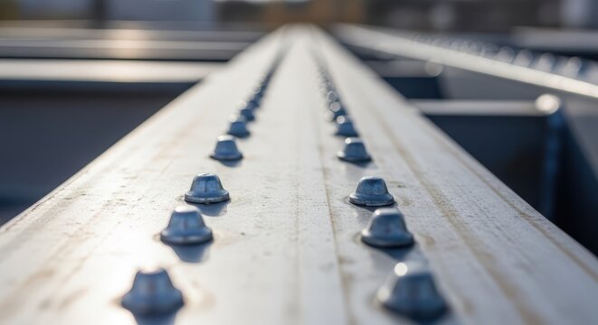 Extreme Close-up of Steel Beam Construction with Repeating Rivets
