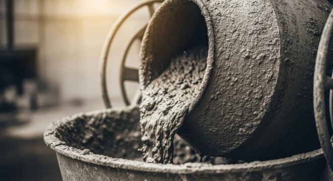 Fresh concrete mix being poured from a rotating cement mixer drum into a basin at a construction site