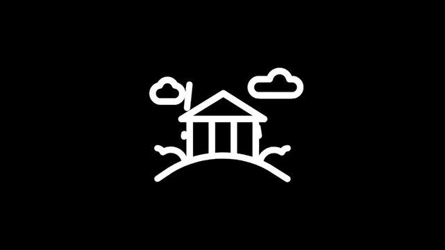 Minimalist white line art of a classical building on a hill under clouds