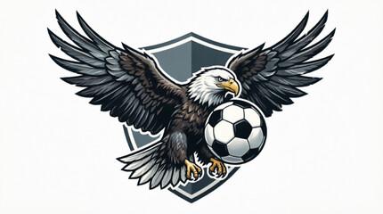 Fototapeta premium Eagle with Soccer Ball Emblem: A powerful eagle, symbolizing strength and determination, grips a soccer ball in its talons, set against a shield background, perfect for a sports team logo or crest.