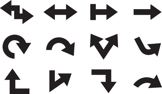 Arrow icon set, different angle sign and symbol, black arrow direction element. 