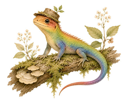 Cute Rainbow Lizard Wearing Bark Hat Watercolor Painting Cottage core Vintage Nature Illustration on White Background