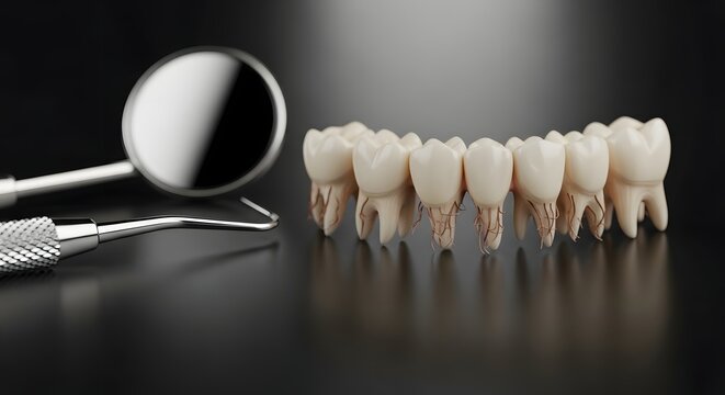 Row of extracted human teeth with exposed dry nerve roots. Severe periodontal disease and decay concept. Dental mirror and probe lying next to damaged molars on a dark reflective surface