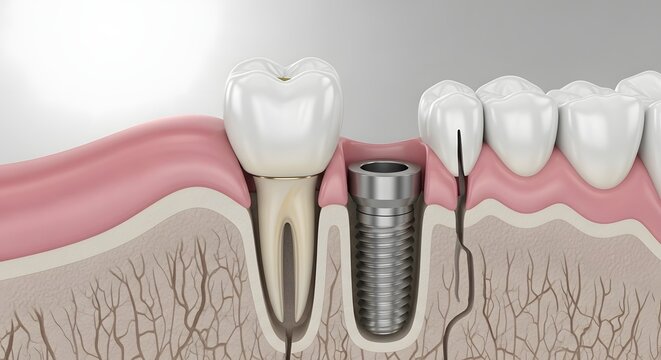 Jaw cross section showing a titanium dental implant. Missing tooth replacement and oral surgery concept. Metal screw positioned in bone tissue near a healthy tooth